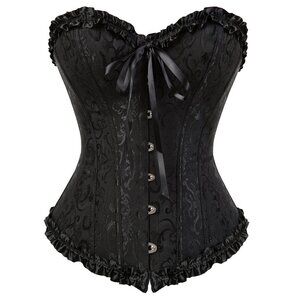 8060 Corset Satin Overbust Lace up Busiter Shapewear Outfit Black3 X-Large